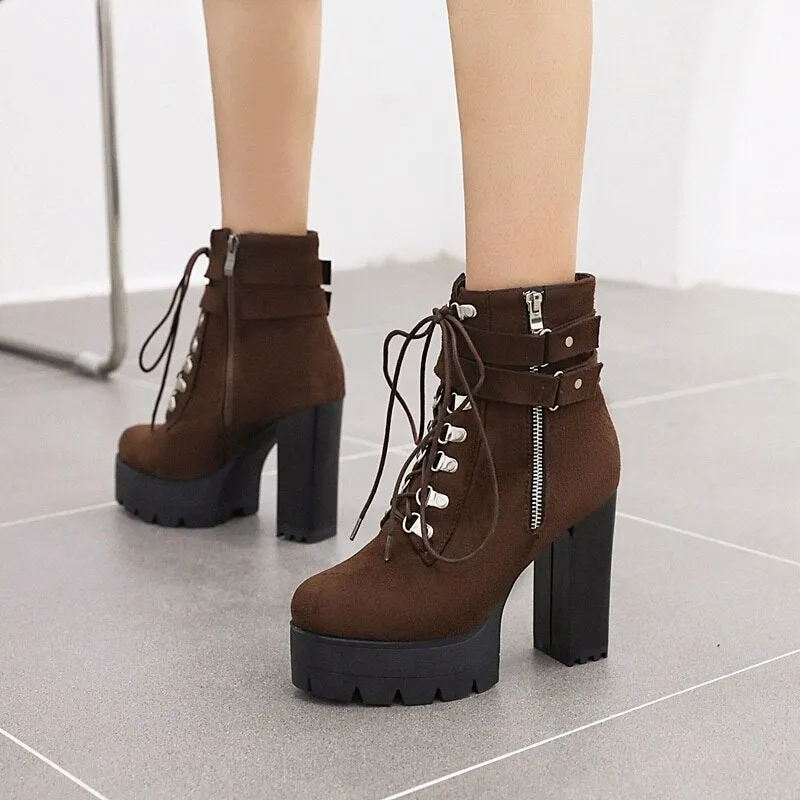 Women Platform Block Heel Motorcycle Boots