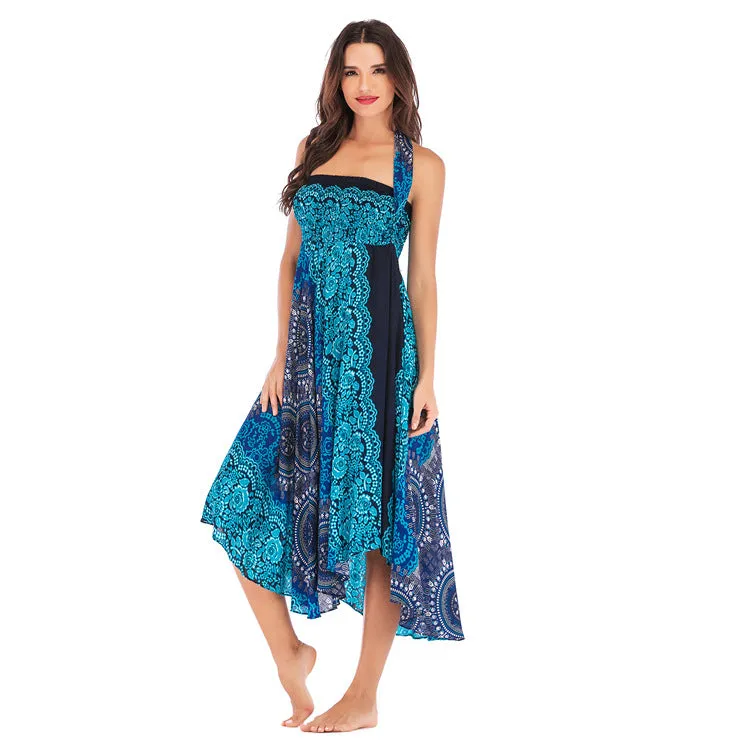 Women Rayon Skirt - Retro Florals Pleated Halter Skirt Beach Vacation Skirt