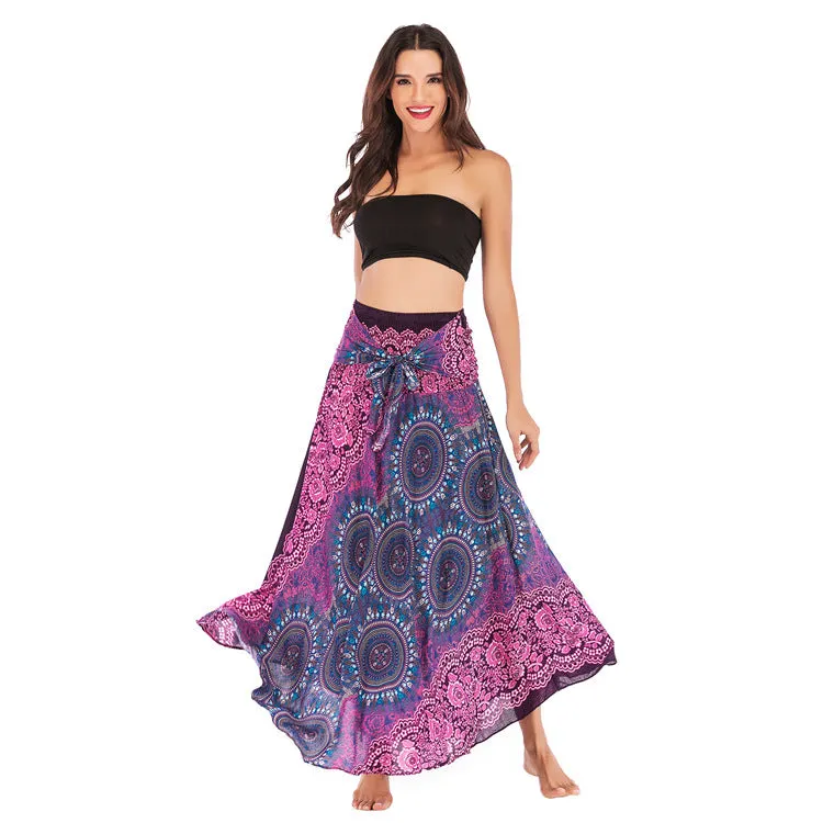 Women Rayon Skirt - Retro Florals Pleated Halter Skirt Beach Vacation Skirt