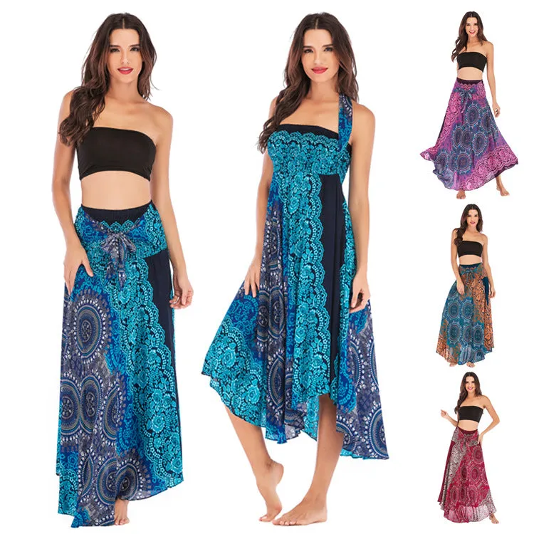 Women Rayon Skirt - Retro Florals Pleated Halter Skirt Beach Vacation Skirt