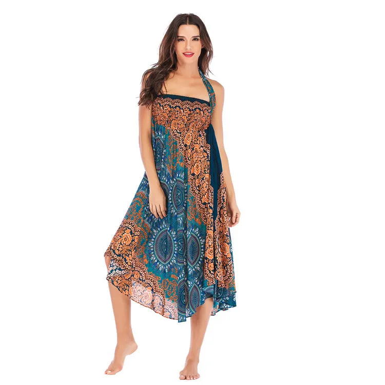 Women Rayon Skirt - Retro Florals Pleated Halter Skirt Beach Vacation Skirt