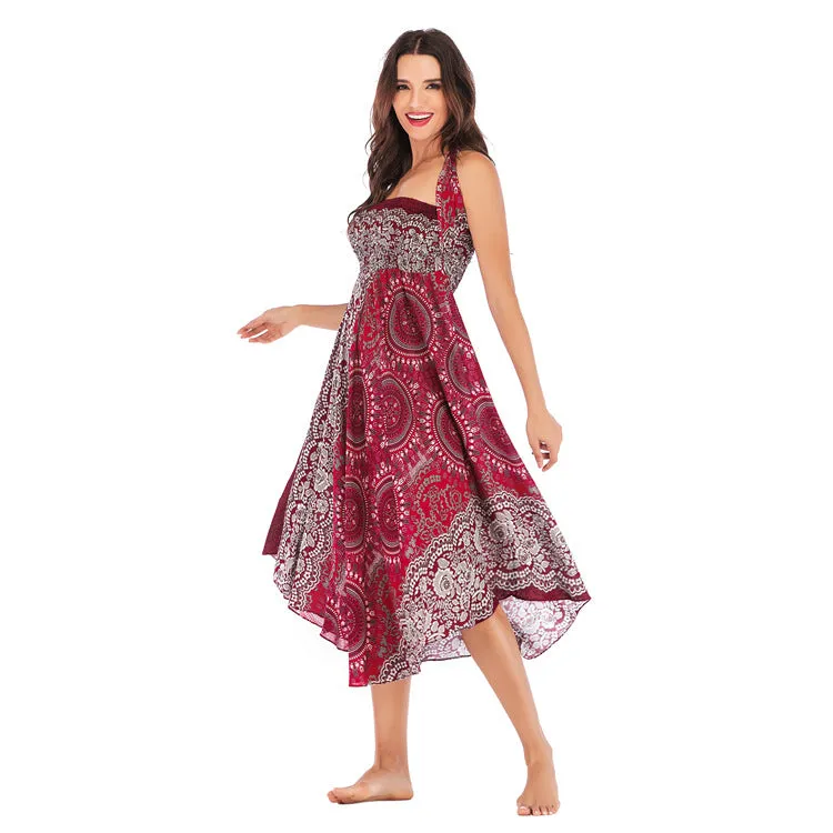 Women Rayon Skirt - Retro Florals Pleated Halter Skirt Beach Vacation Skirt