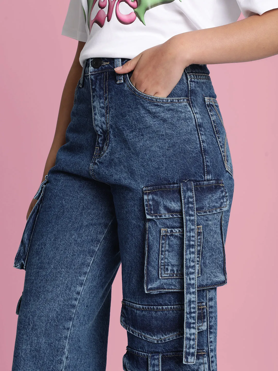 Women’s Blue 8-Pocket Cargo Jeans