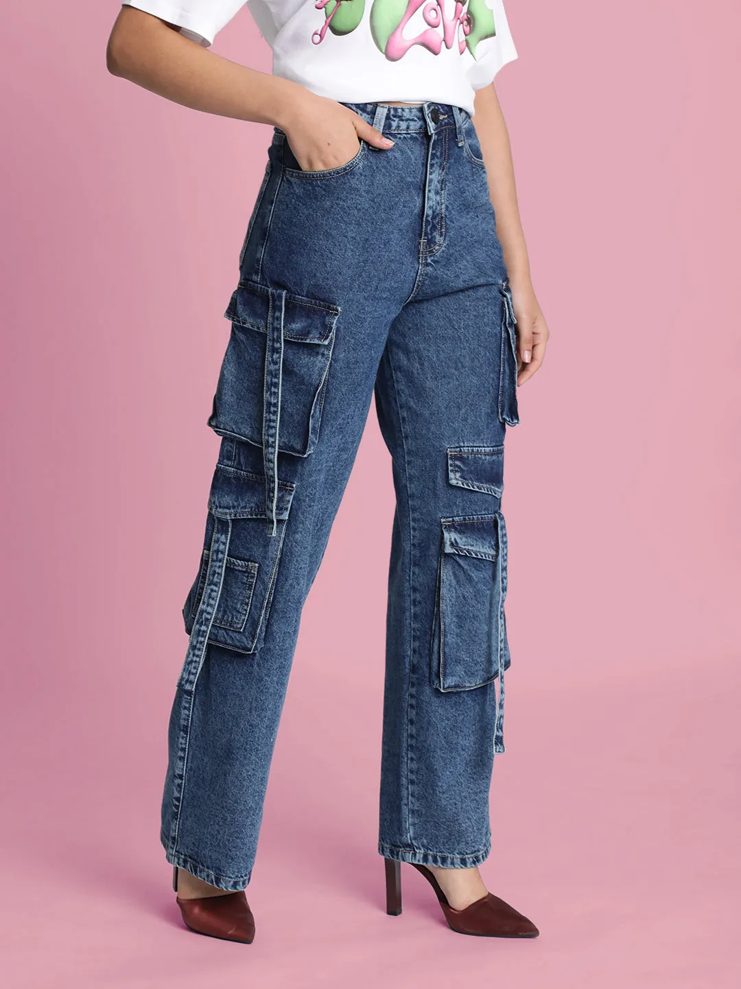 Women’s Blue 8-Pocket Cargo Jeans