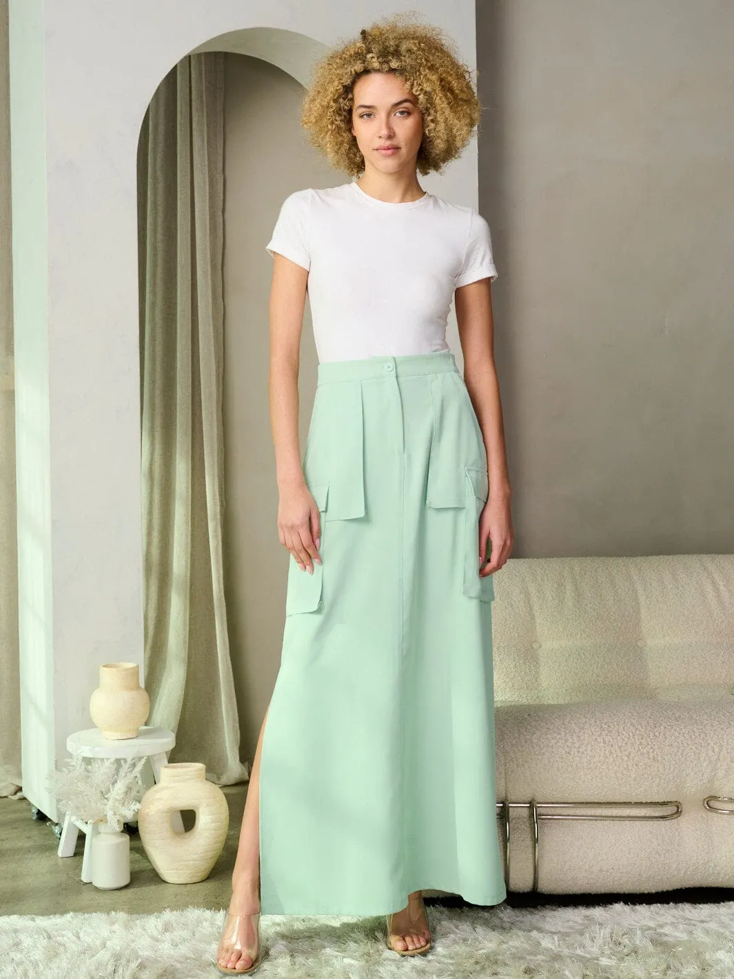 WOMEN'S BUTTON CLOSURE CARGO POCKETS MAXI SKIRT