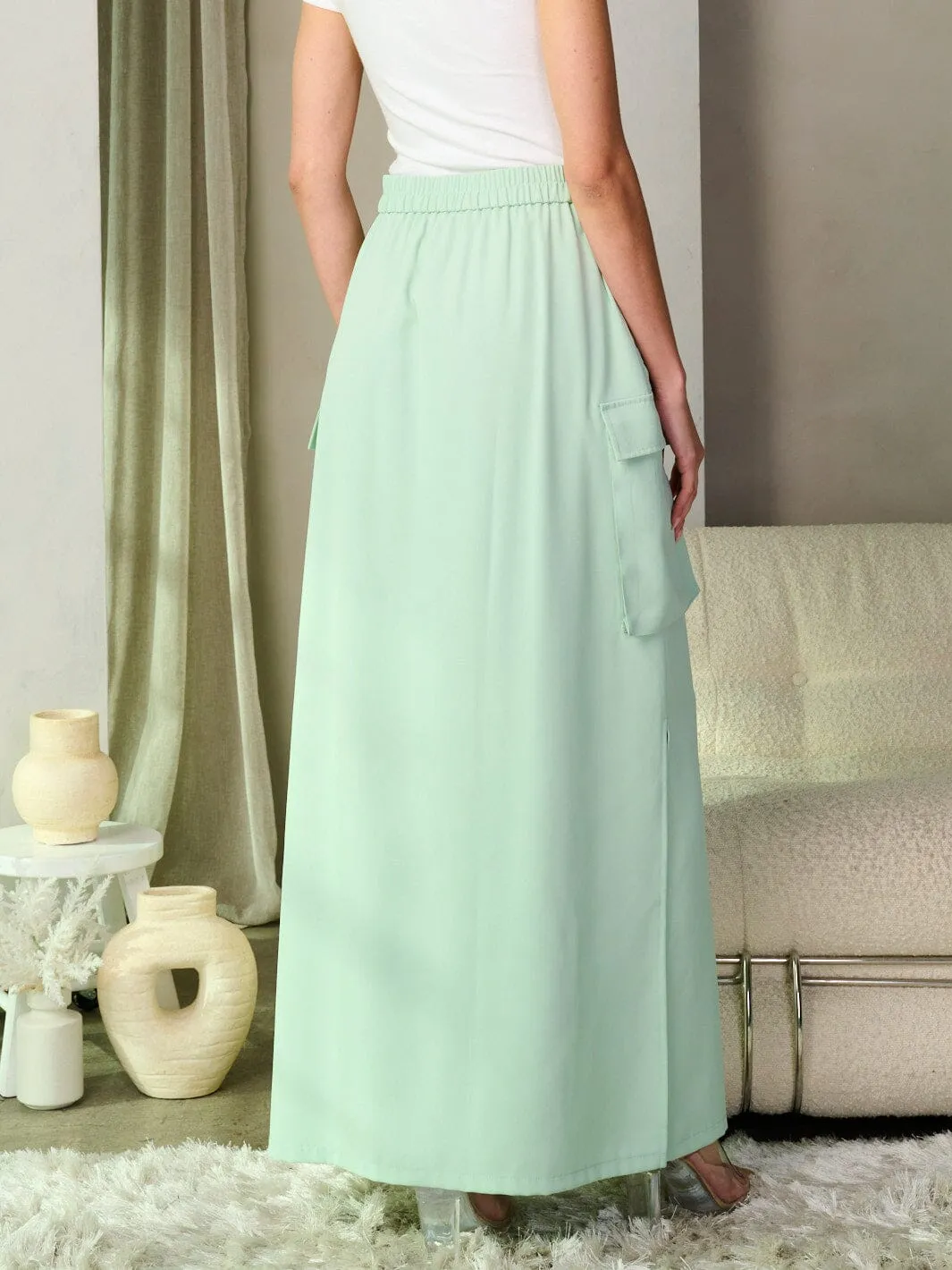 WOMEN'S BUTTON CLOSURE CARGO POCKETS MAXI SKIRT