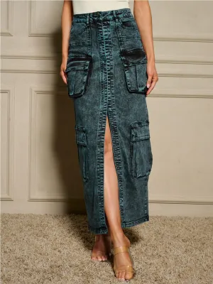 WOMEN'S BUTTON CLOSURE POCKETS FRONT SLIT DENIM WASHED MAXI SKIRT