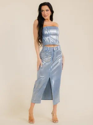 WOMEN'S CROP TOP & MAXI SKIRT SHIMMER DENIM 2PC. SET