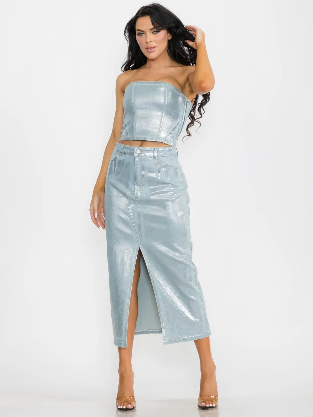 WOMEN'S CROP TOP & MAXI SKIRT SHIMMER DENIM 2PC. SET