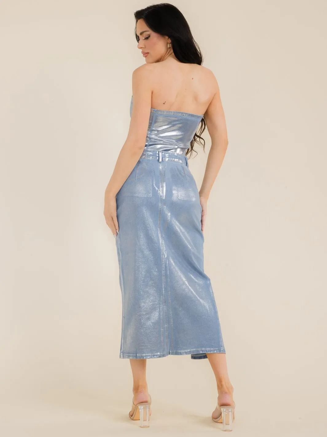 WOMEN'S CROP TOP & MAXI SKIRT SHIMMER DENIM 2PC. SET