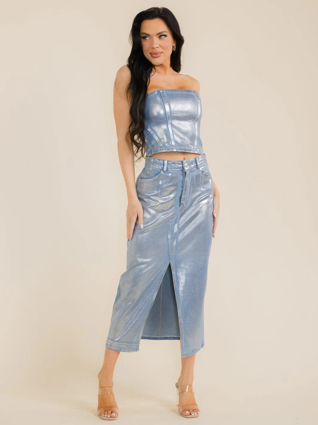 WOMEN'S CROP TOP & MAXI SKIRT SHIMMER DENIM 2PC. SET