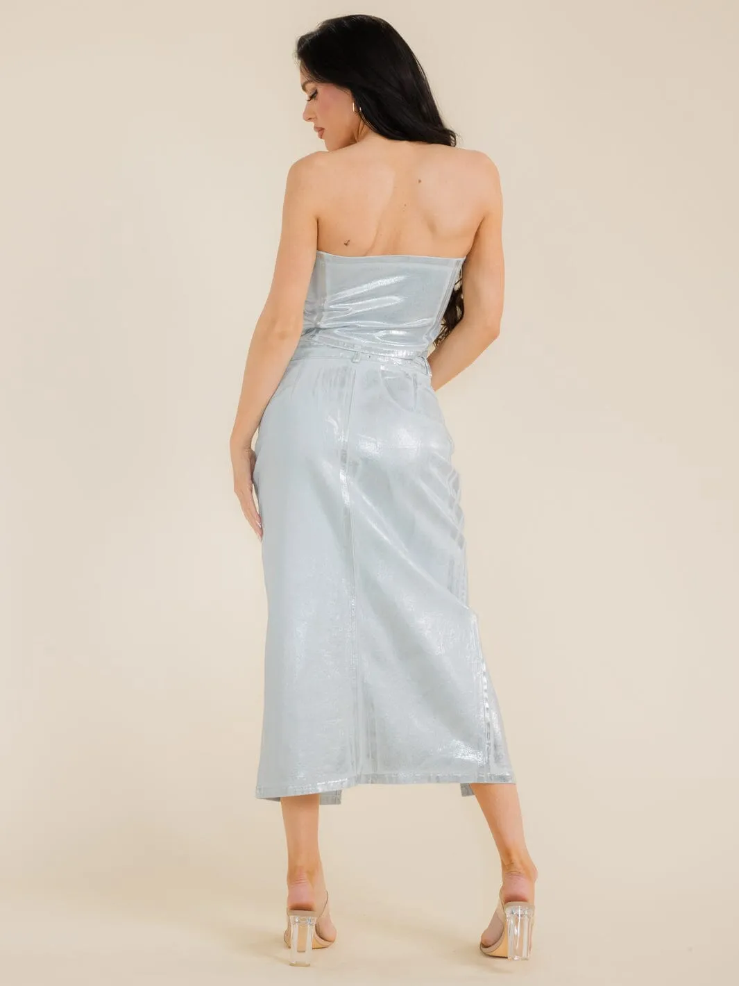 WOMEN'S CROP TOP & MAXI SKIRT SHIMMER DENIM 2PC. SET
