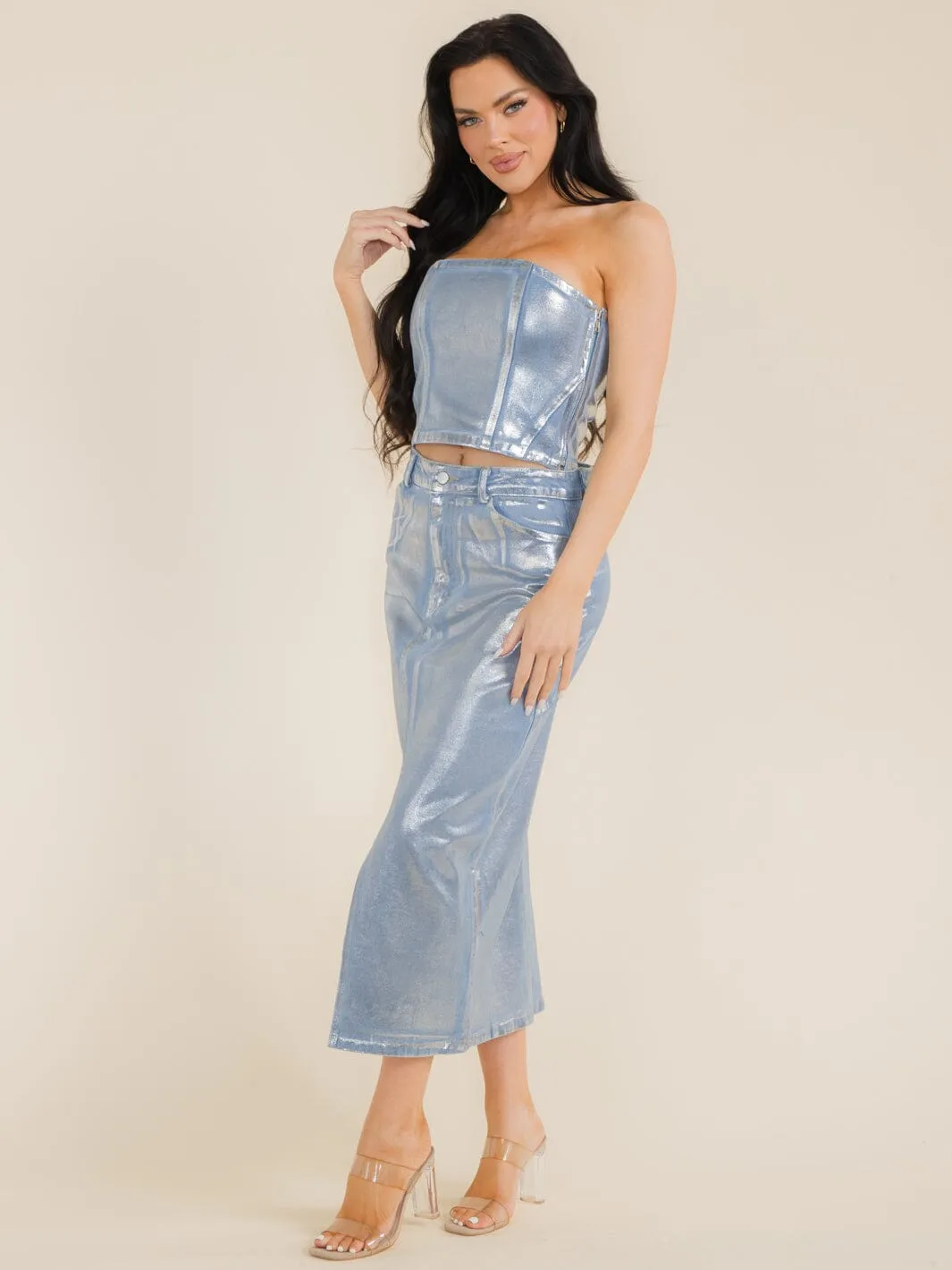 WOMEN'S CROP TOP & MAXI SKIRT SHIMMER DENIM 2PC. SET