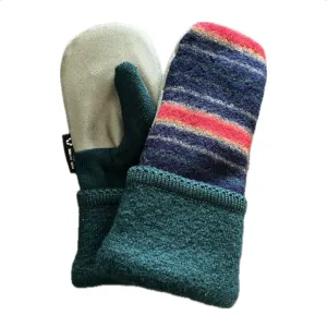 Women's Driving Mittens - Navy & Red Stripes with Green Micro-Suede Palm - 096