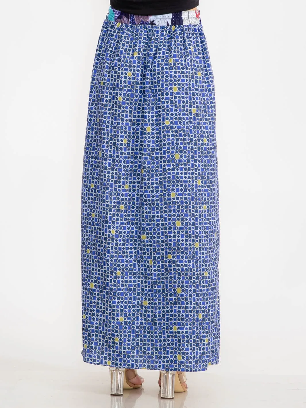 WOMEN'S ELASTIC WAIST MULTI PRINT FRONT SLIT MAXI SKIRT