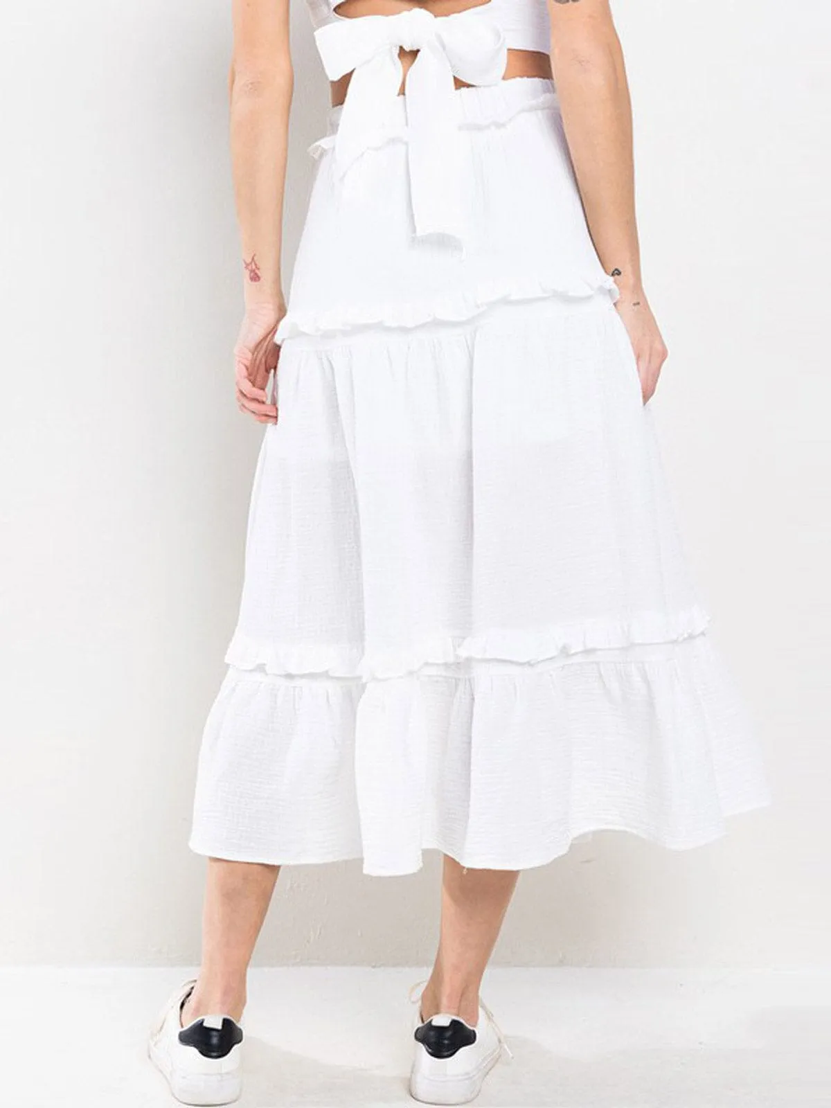 WOMEN'S ELASTIC WAIST TIERED SELF TIE MAXI SKIRT