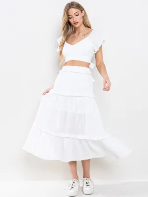 WOMEN'S ELASTIC WAIST TIERED SELF TIE MAXI SKIRT