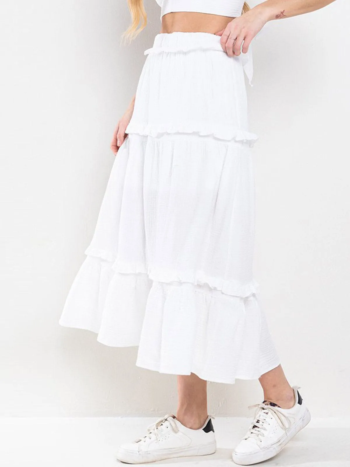 WOMEN'S ELASTIC WAIST TIERED SELF TIE MAXI SKIRT
