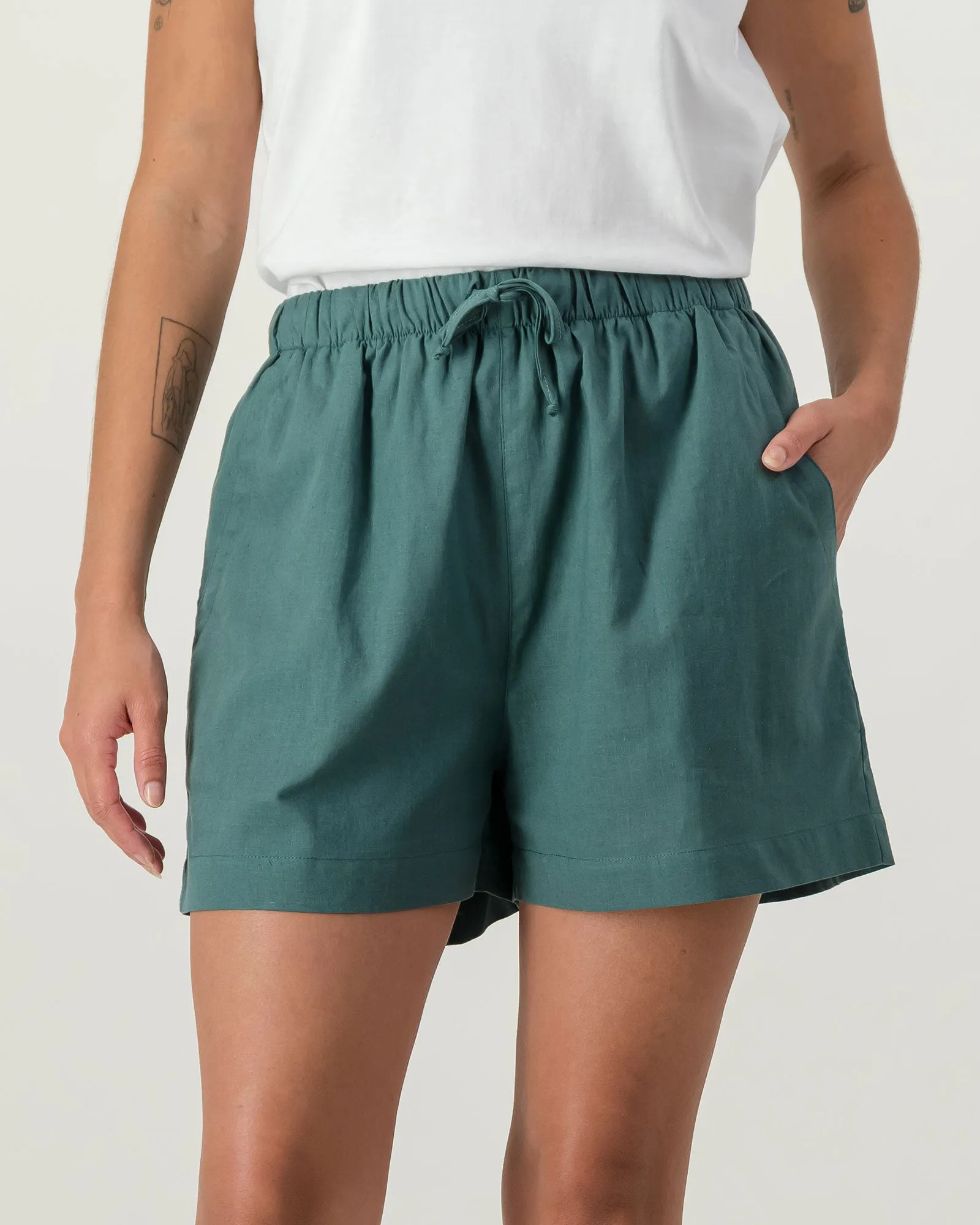 Womens Linen Shorts - Forest Green