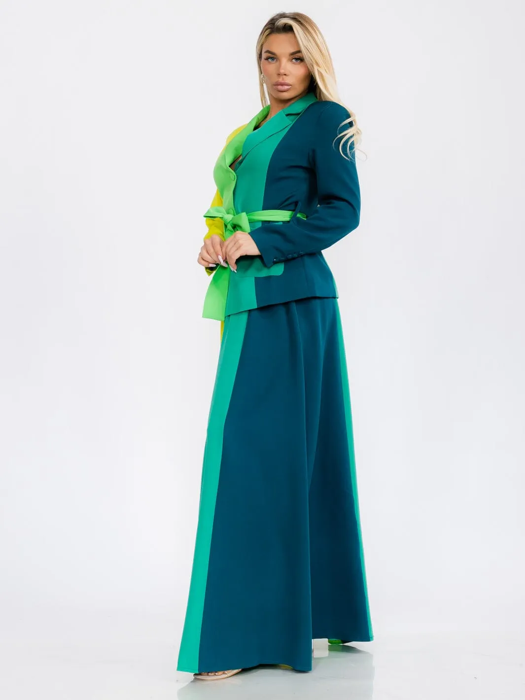 WOMEN'S LONG SLEEVE BLAZER & MAXI SKIRT COLORBLOCK 2 PC. SET
