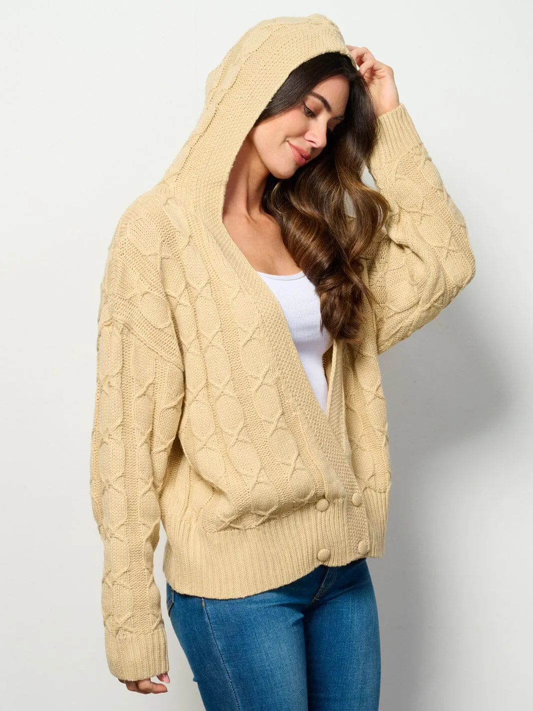 WOMEN'S LONG SLEEVE BUTTON CLOSURE HOODED CARDIGAN SWEATER
