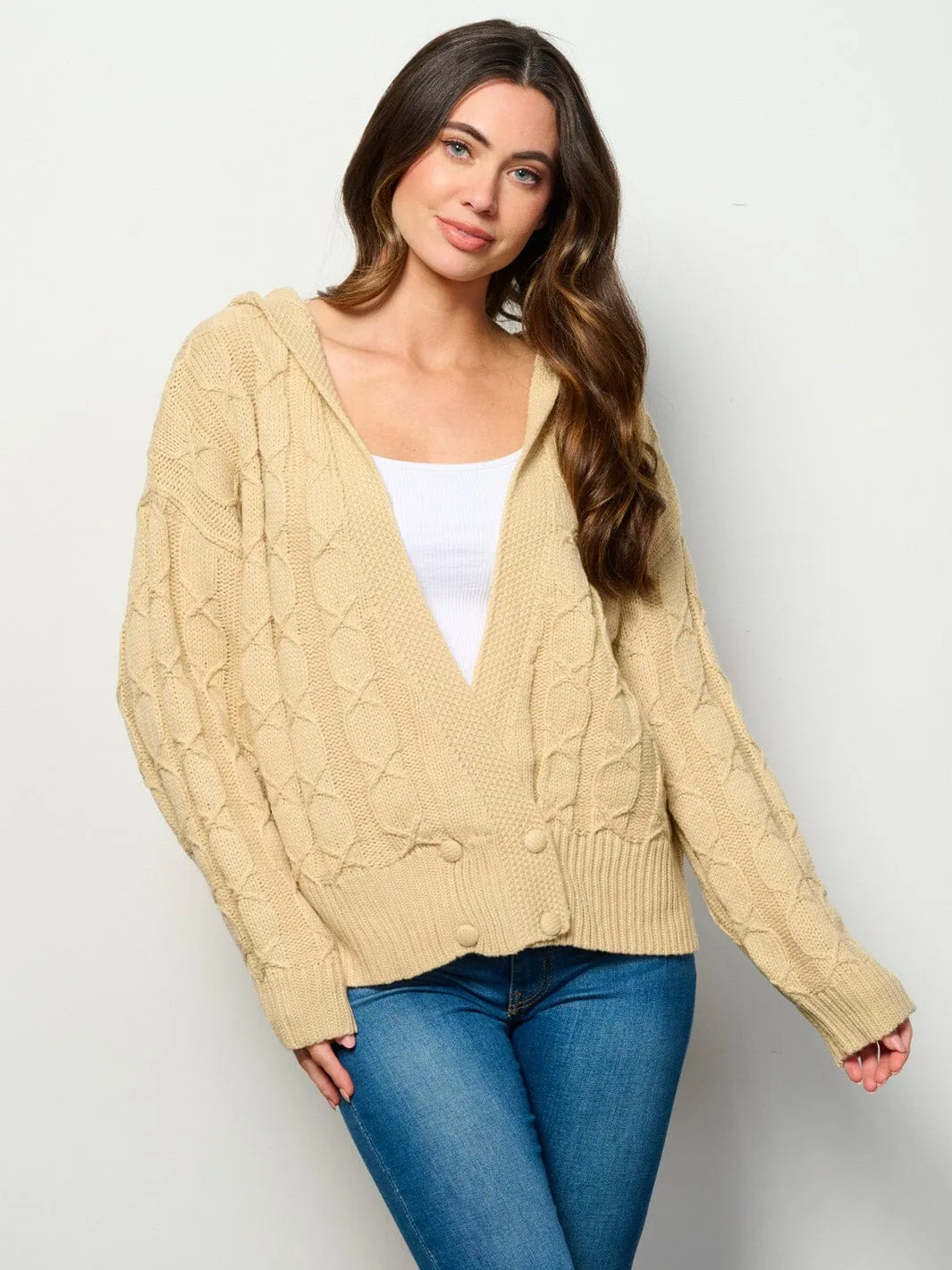 WOMEN'S LONG SLEEVE BUTTON CLOSURE HOODED CARDIGAN SWEATER