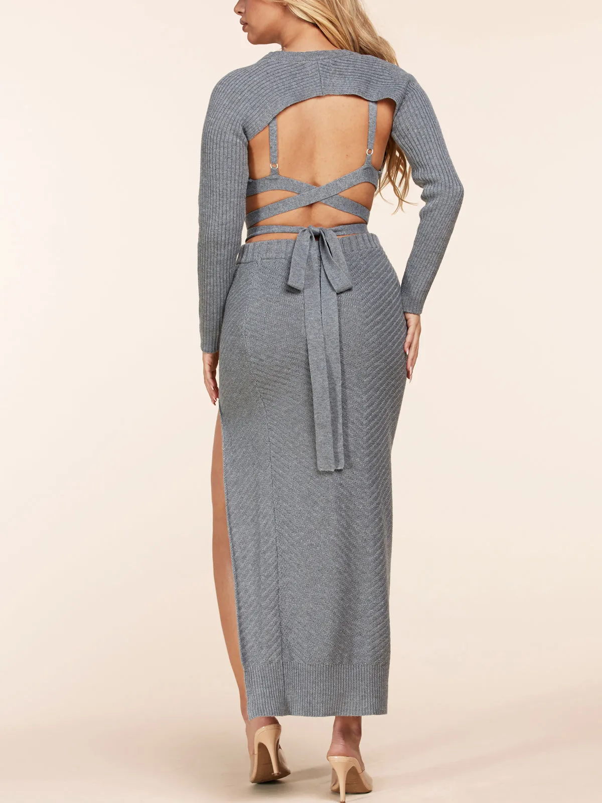 WOMEN'S LONG SLEEVE CROP SWEATER TANK TOP & MAXI SKIRT KNIT 3PC. SET