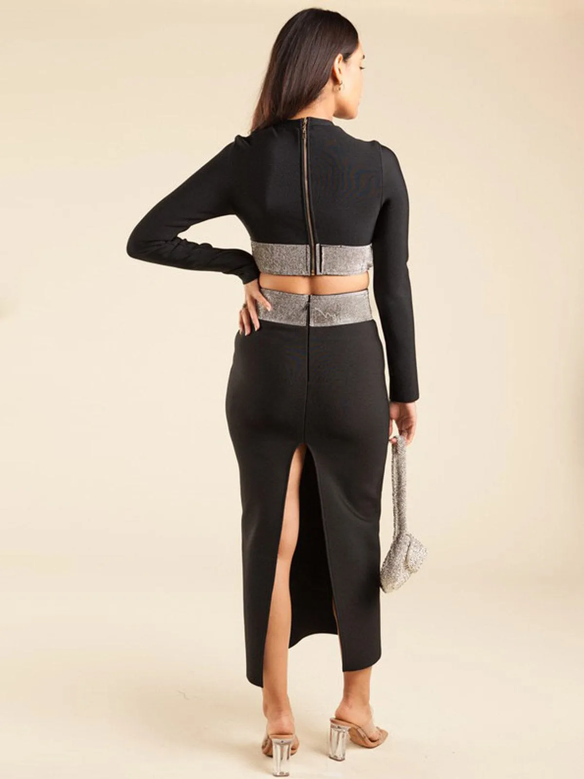 WOMEN'S LONG SLEEVE CROP TOP & MAXI SKIRT BANDAGE 2PC. SET