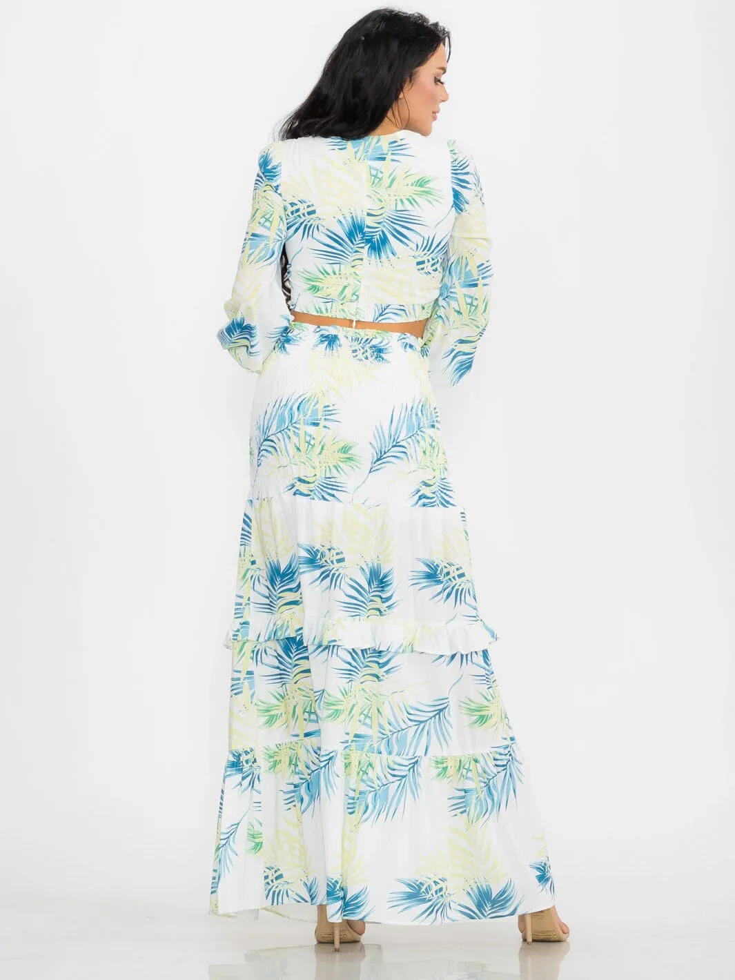 WOMEN'S LONG SLEEVE CROP TOP & SMOCK WAIST MAXI SKIRT LEAF PRINT 2PC. SET