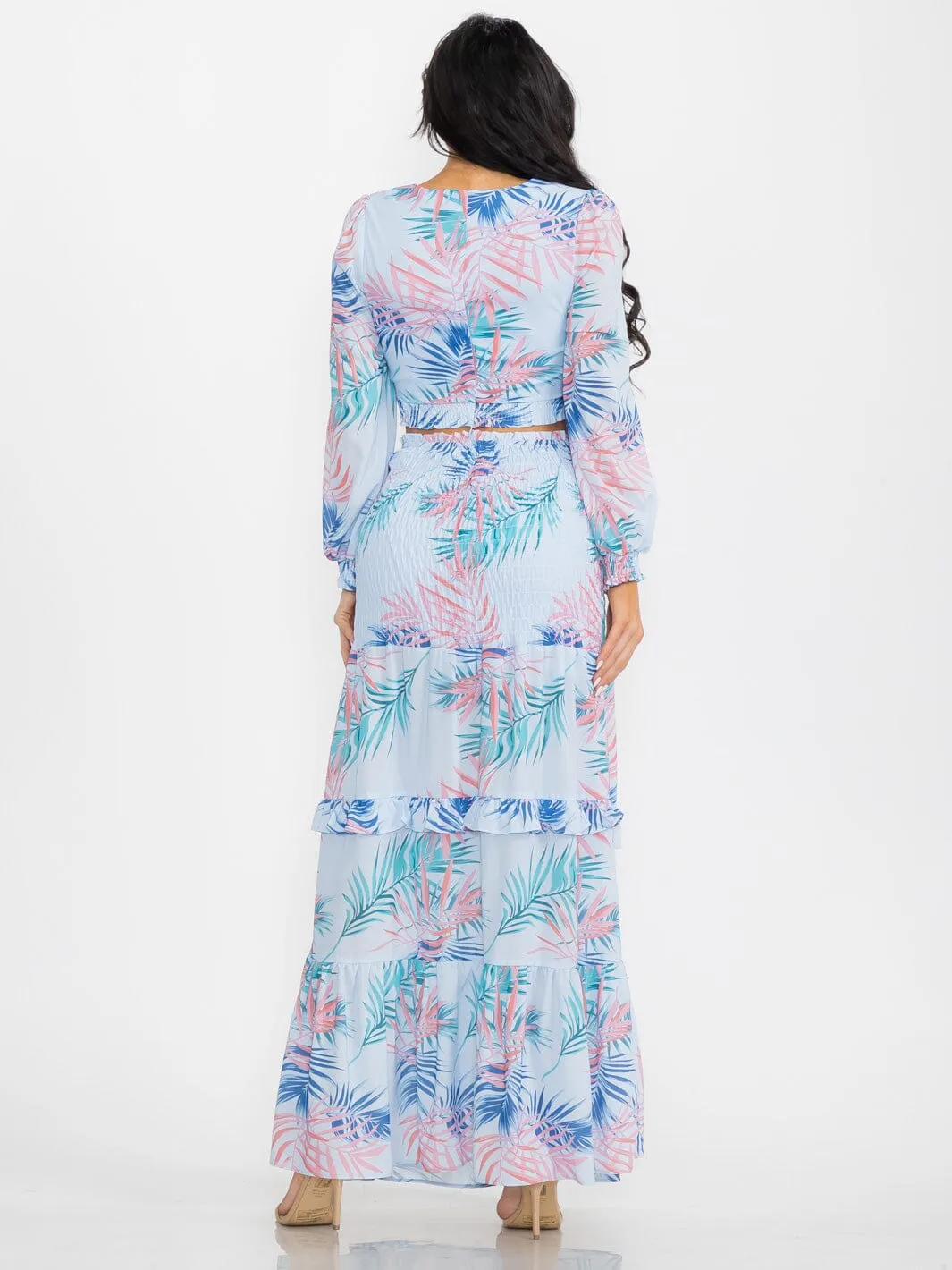 WOMEN'S LONG SLEEVE CROP TOP & SMOCK WAIST MAXI SKIRT LEAF PRINT 2PC. SET