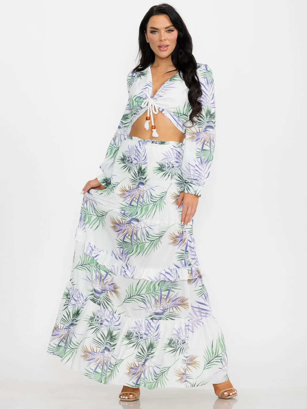 WOMEN'S LONG SLEEVE CROP TOP & SMOCK WAIST MAXI SKIRT LEAF PRINT 2PC. SET