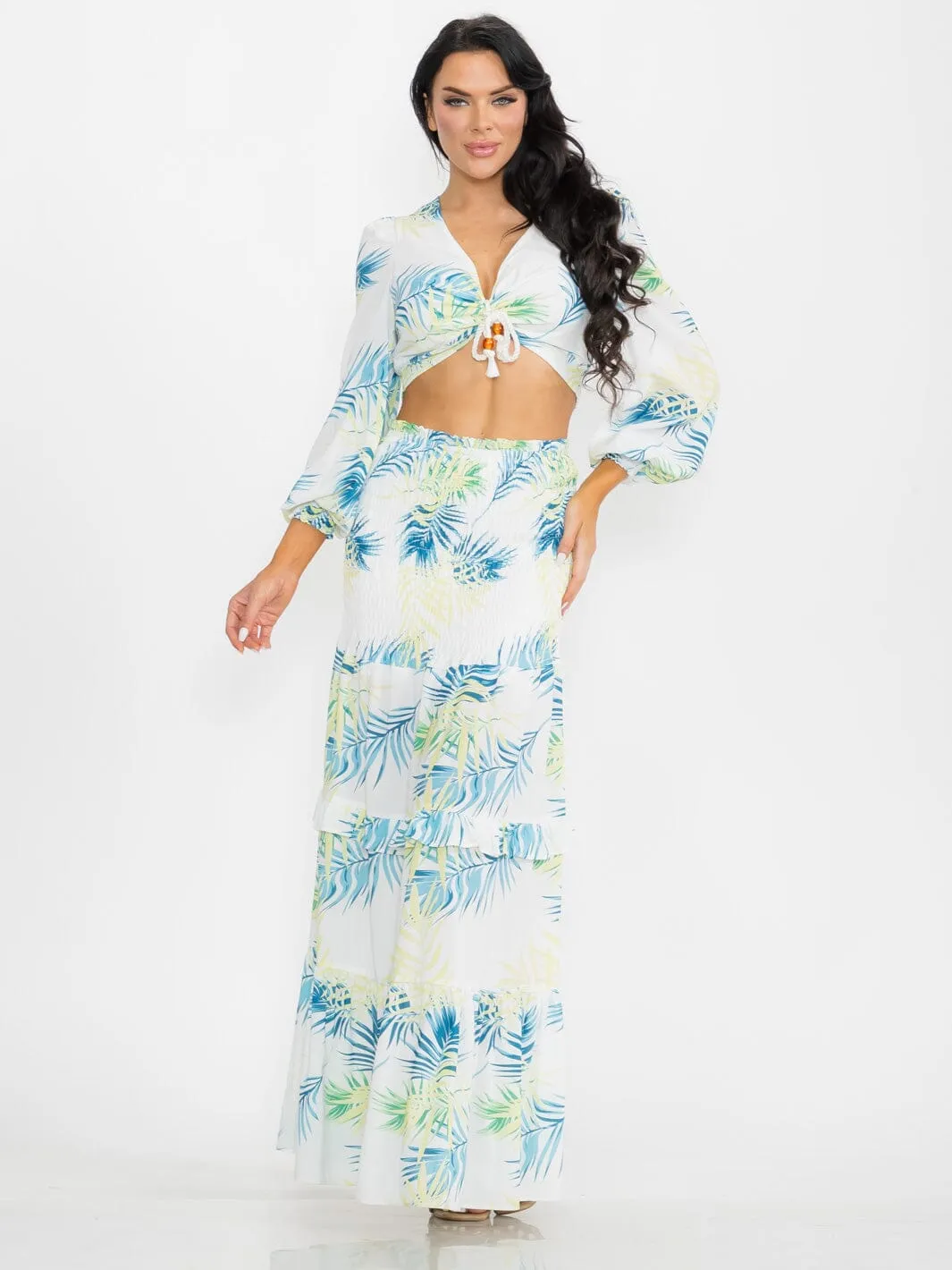 WOMEN'S LONG SLEEVE CROP TOP & SMOCK WAIST MAXI SKIRT LEAF PRINT 2PC. SET