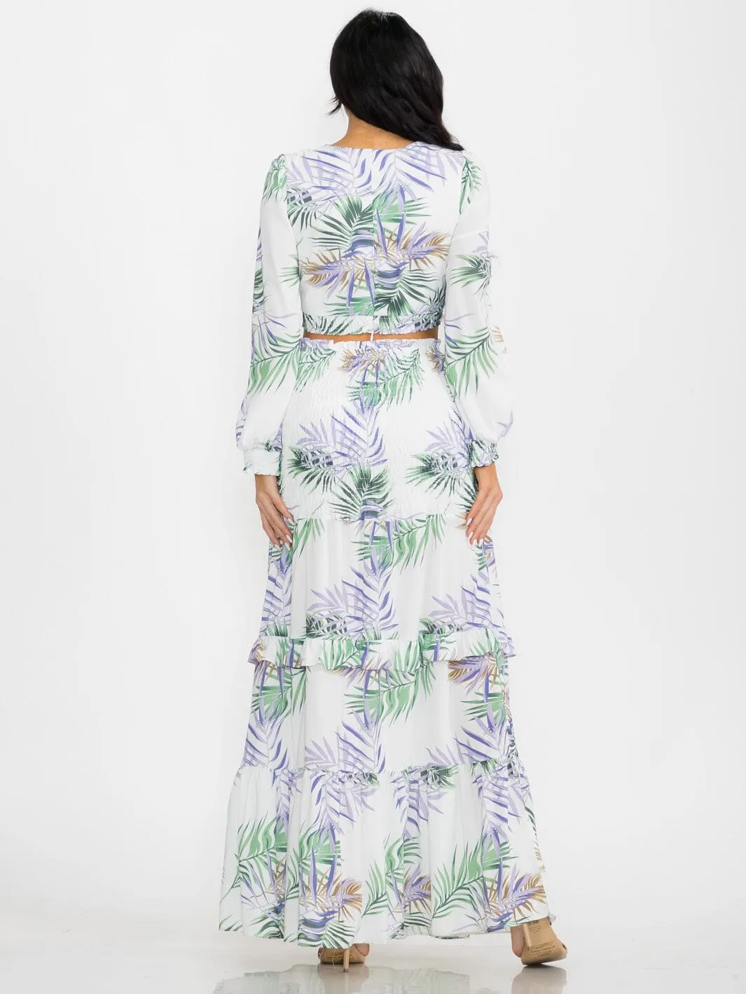 WOMEN'S LONG SLEEVE CROP TOP & SMOCK WAIST MAXI SKIRT LEAF PRINT 2PC. SET