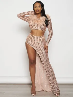 WOMEN'S LONG SLEEVE CROP TOP & ZIP UP MAXI SKIRT FEATHER SEQUINS 2PC. SET