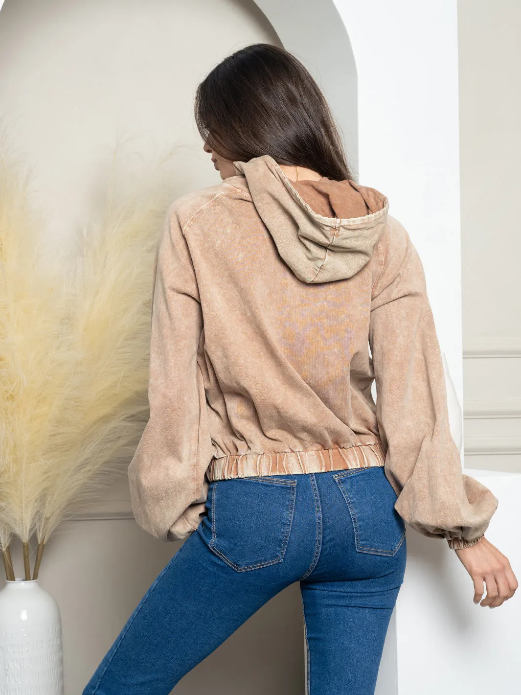 WOMEN'S LONG SLEEVE HOODED WASH SWEATER