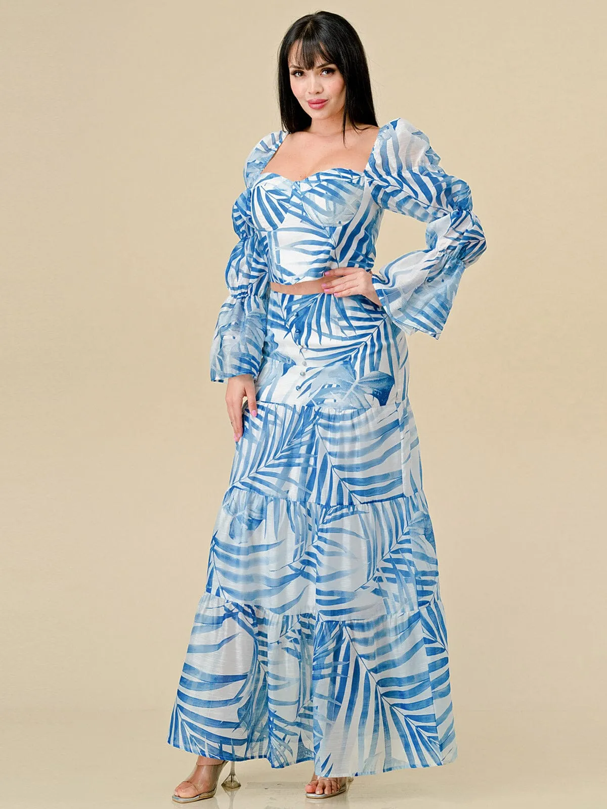 WOMEN'S LONG SLEEVE TOP & ZIP UP TIERED MAXI SKIRT LEAF PRINT 2PC. SET