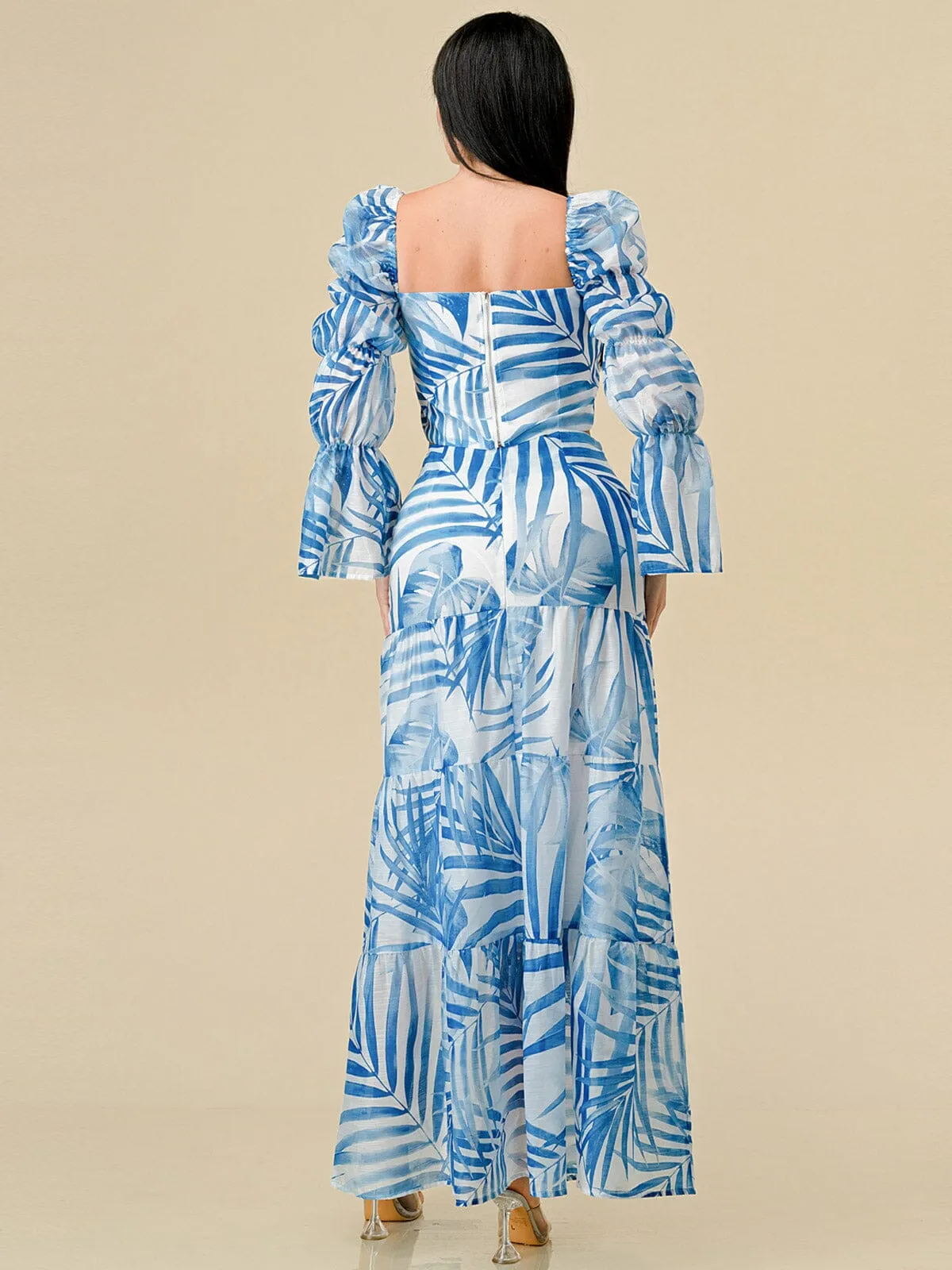 WOMEN'S LONG SLEEVE TOP & ZIP UP TIERED MAXI SKIRT LEAF PRINT 2PC. SET
