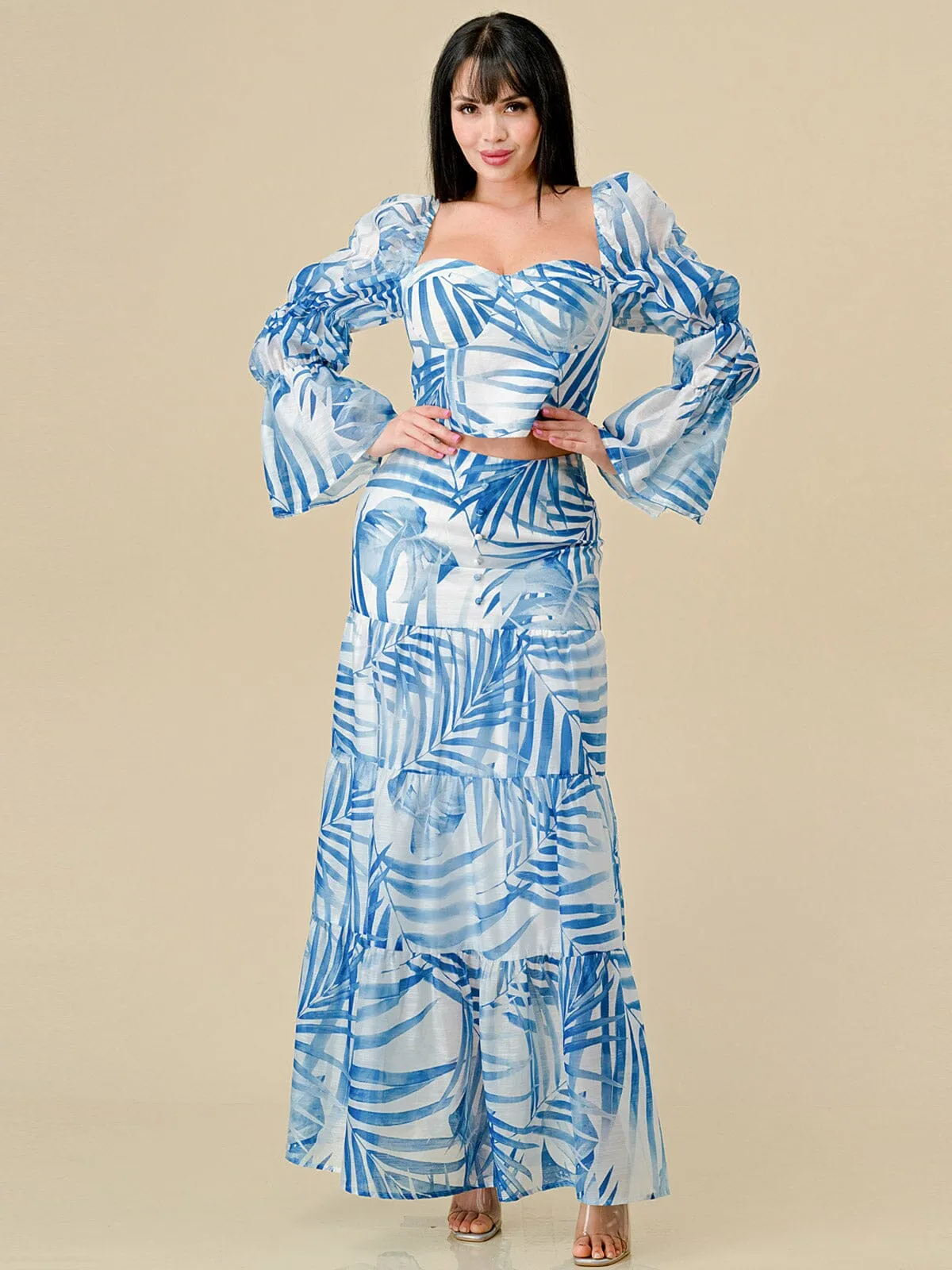 WOMEN'S LONG SLEEVE TOP & ZIP UP TIERED MAXI SKIRT LEAF PRINT 2PC. SET