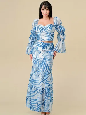 WOMEN'S LONG SLEEVE TOP & ZIP UP TIERED MAXI SKIRT LEAF PRINT 2PC. SET
