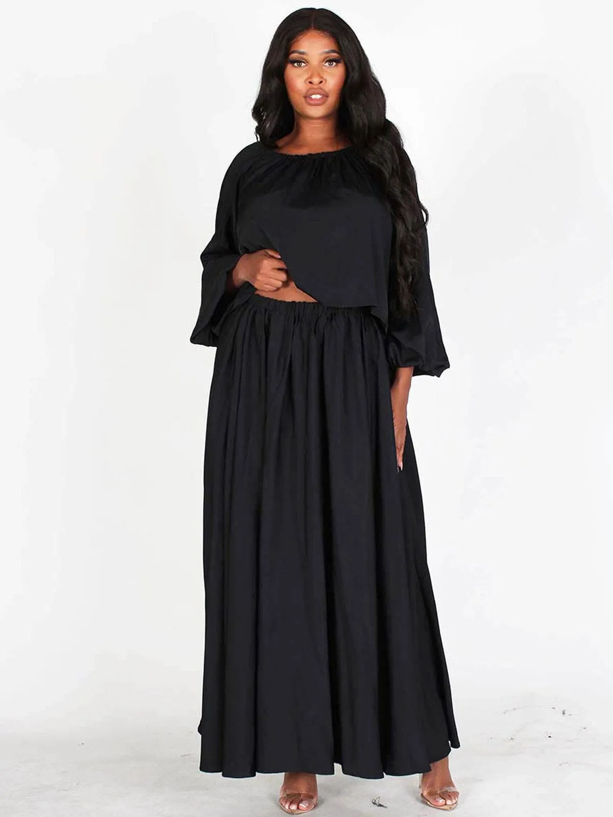 WOMEN'S LONG SLEEVES TOP & MAXI SKIRT SOLID 2PC. SET