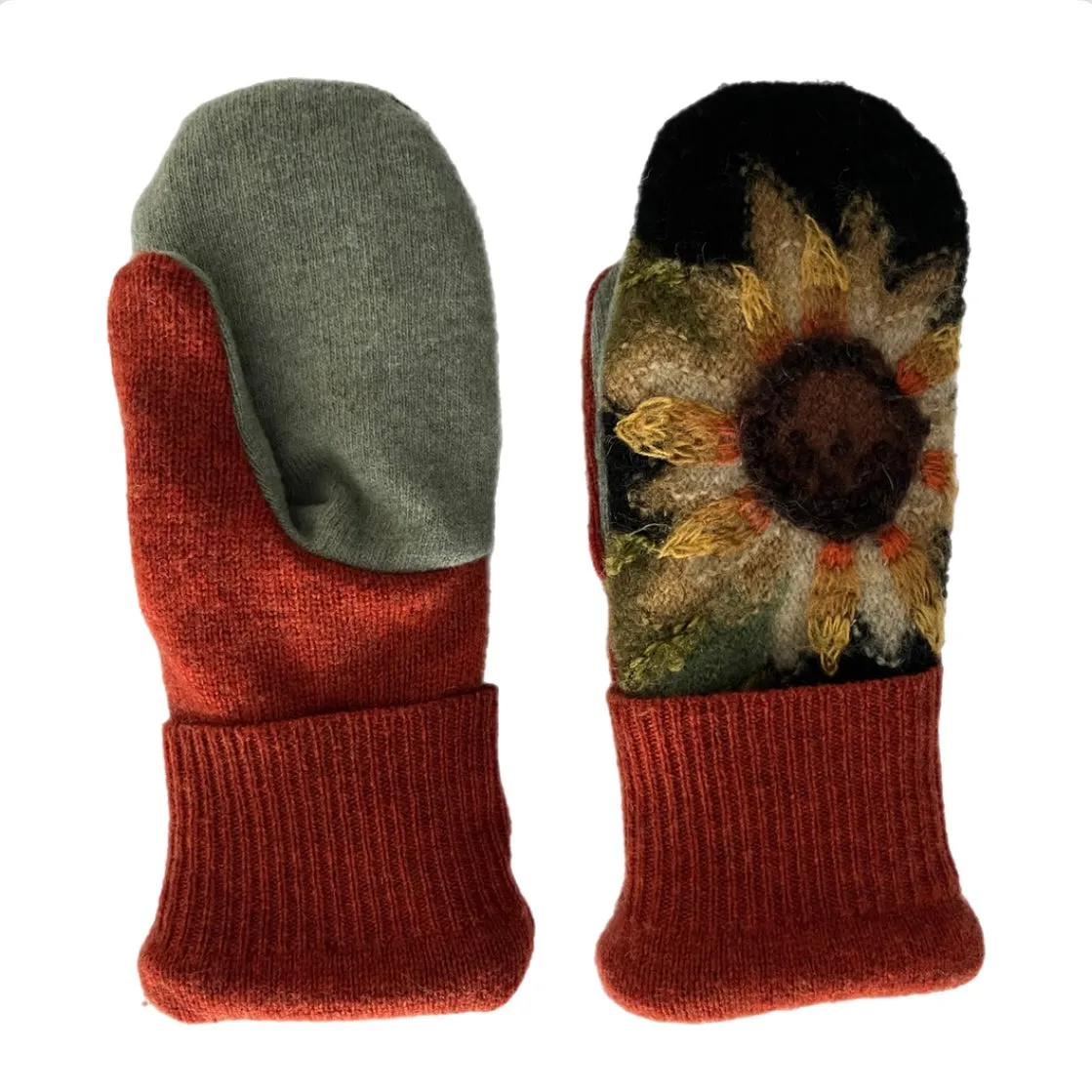 Women's Mittens - Black, Light Green & Orange with Sunflower - 1567 M/L