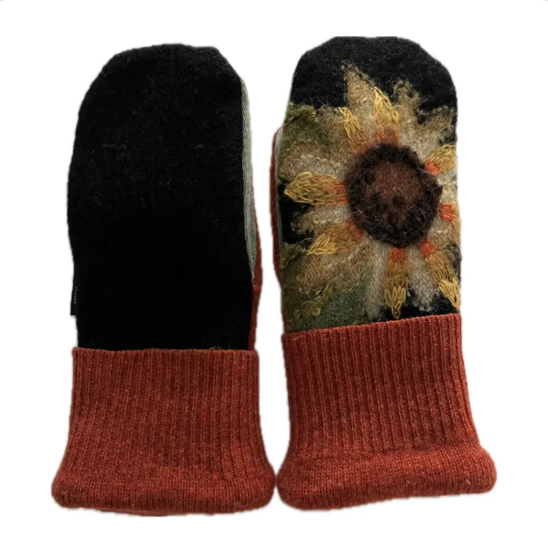 Women's Mittens - Black, Light Green & Orange with Sunflower - 1567 M/L