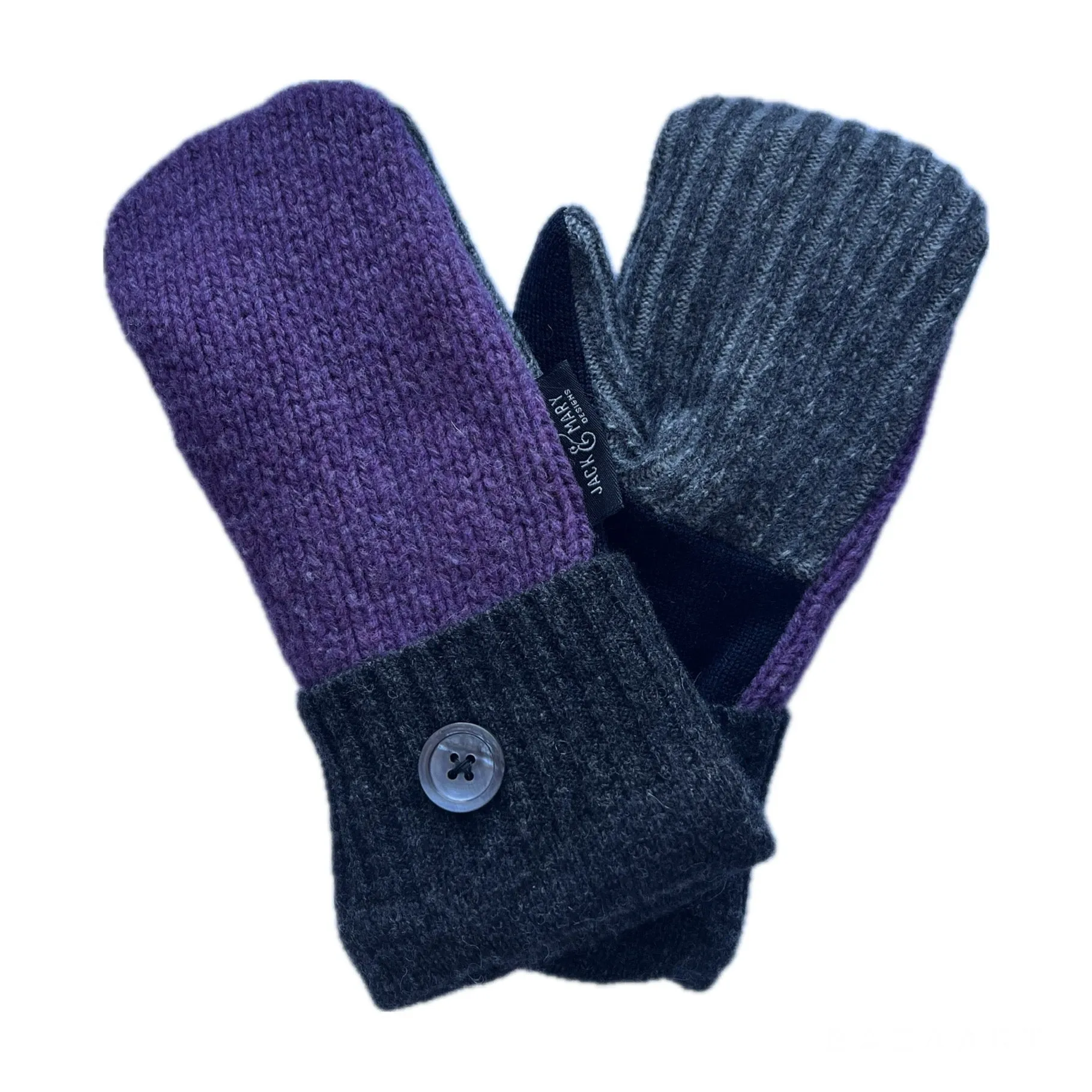 Women's Mittens Petite with Buttons - Purple & Charcoal - 568