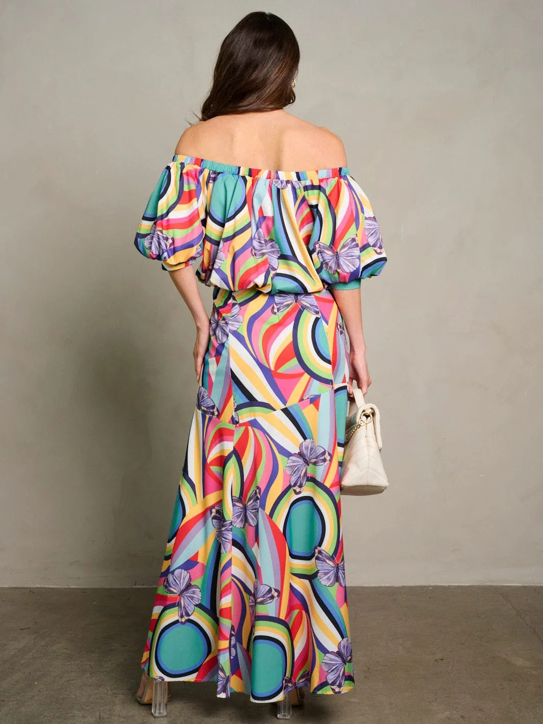 WOMEN'S OFF SHOULDER CROP TOP & MAXI SKIRT MULTI PRINT 2PC. SET