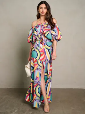 WOMEN'S OFF SHOULDER CROP TOP & MAXI SKIRT MULTI PRINT 2PC. SET