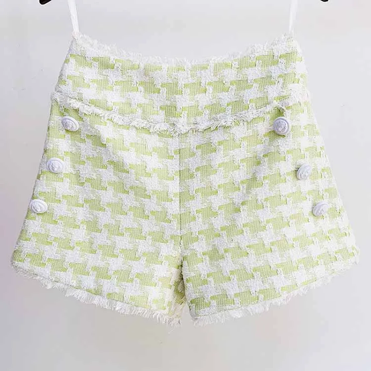 Women's Plaid Shorts Wool High Waist Houndstooth Check Tweed Shorts