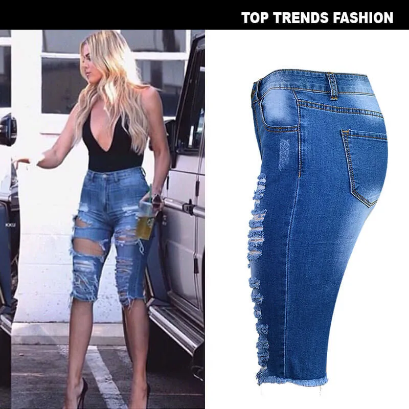 Women's Ripped High Waisted Denim Shorts Jean Middle Shorts