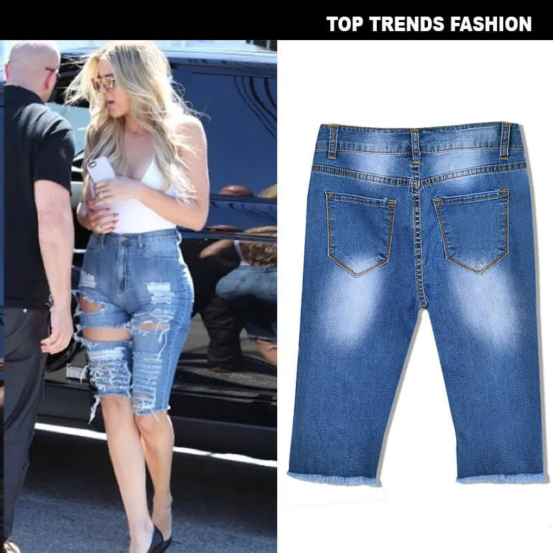 Women's Ripped High Waisted Denim Shorts Jean Middle Shorts