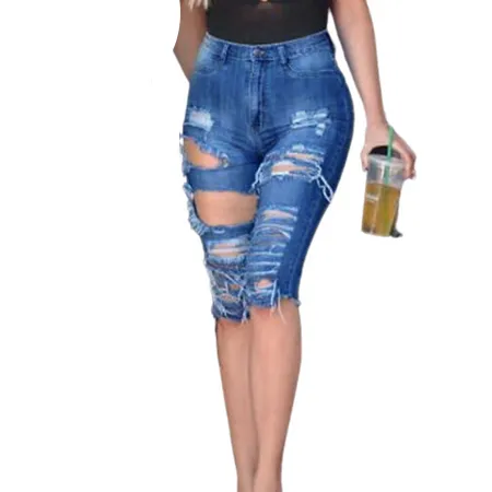 Women's Ripped High Waisted Denim Shorts Jean Middle Shorts