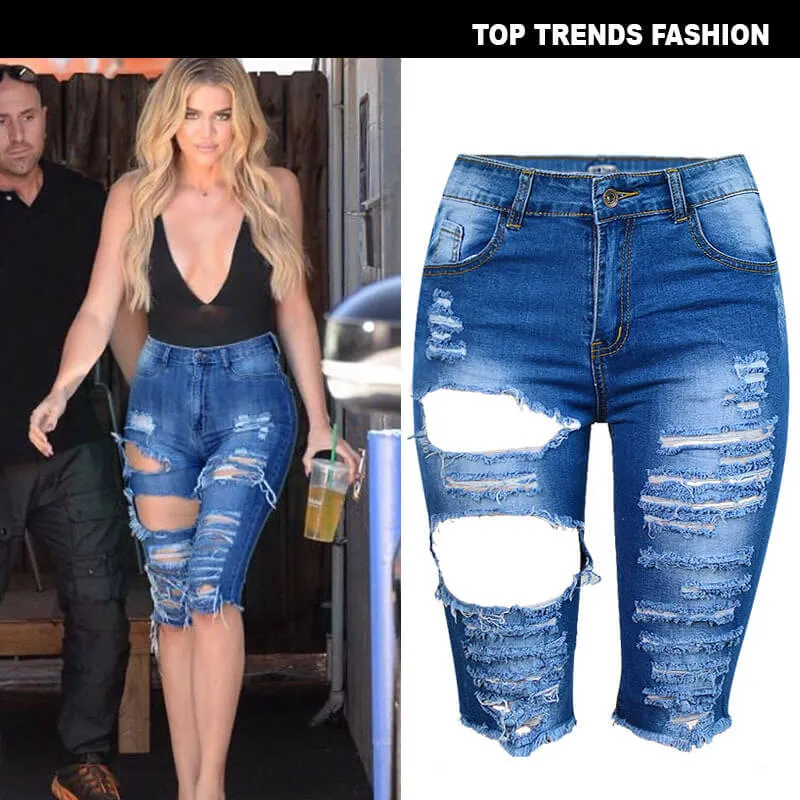 Women's Ripped High Waisted Denim Shorts Jean Middle Shorts